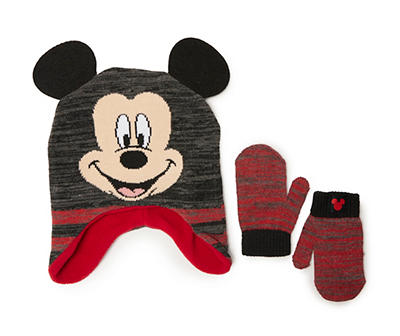 Toddler Charcoal & Red Mickey Mouse Pom-Pom Earflap Beanie & Mittens