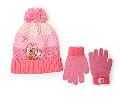 Kids' Disney Princess Pink Color Block Pom-Pom Beanie & Gloves