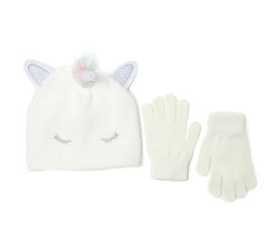 Kids' White & Purple Unicorn Pom-Pom Beanie & Gloves