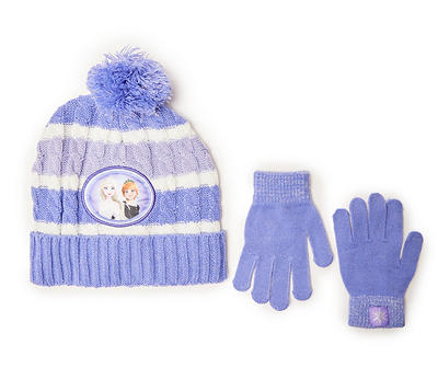Kids' Frozen 2 Purple Anna & Elsa Stripe Pom-Pom Beanie & Gloves