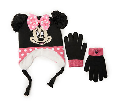 Kids' Black & Pink Minnie Mouse Pom-Pom Earflap Beanie & Gloves