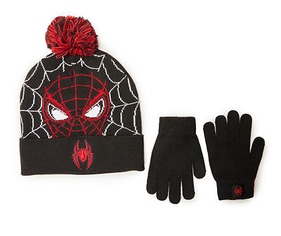 Kids' Black & Red Spider-Man Web Pom-Pom Beanie & Gloves