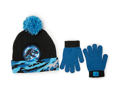 Kids' Black & Blue Logo & Dino Camo Pom-Pom Beanie & Gloves