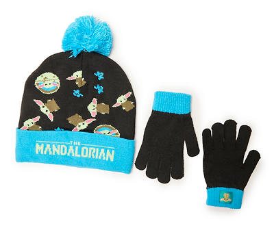 Kids' The Mandalorian Black & Blue Grogu Pom-Pom Beanie & Gloves