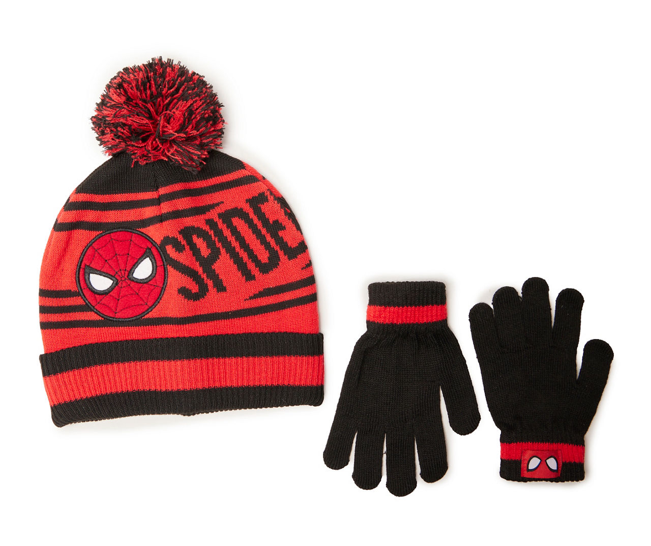 Kids' "Spidey" Red & Black Stripe Pom-Pom Beanie & Gloves