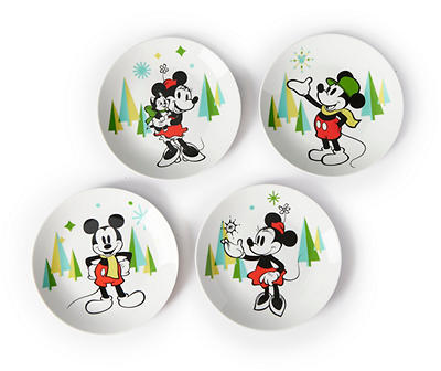 Holiday Magic White & Green Mickey & Minnie Geometric Tree Dessert Plates, 4-Pack