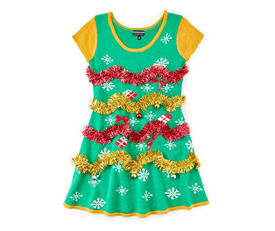 Women's Green & Gold Garland & Ornaments Ugly Christmas Dress