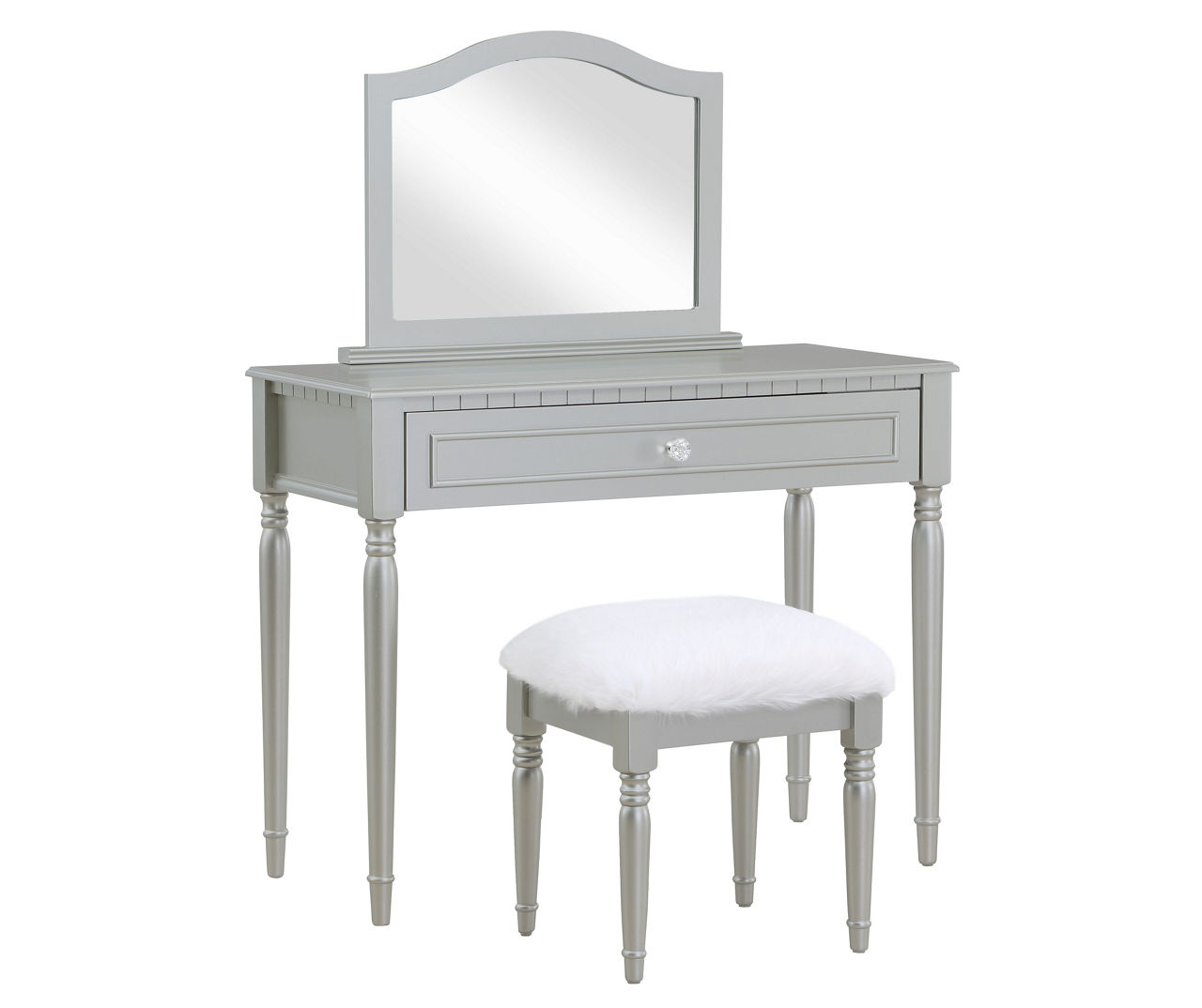 Silver Vanity Table Set with Mirror & Faux Fur Stool