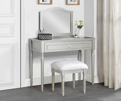 Silver Vanity Table Set with Mirror & Faux Fur Stool