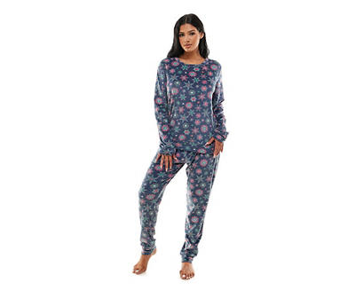 Jaclyn Women's Navy & Red Snowflakes Velour 2-Piece Pajama Set