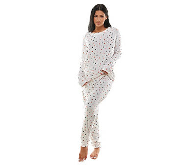 Jaclyn Women's Cream, Pink & Black Dots Velour 2-Piece Pajama Set
