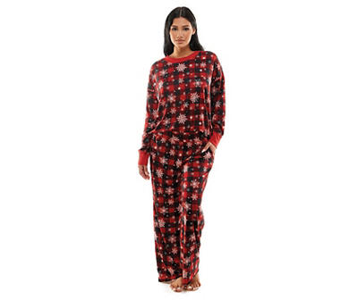 Jaclyn Women's Red & Black Snowflake Buffalo Check Hacci 2-Piece Pajama Set