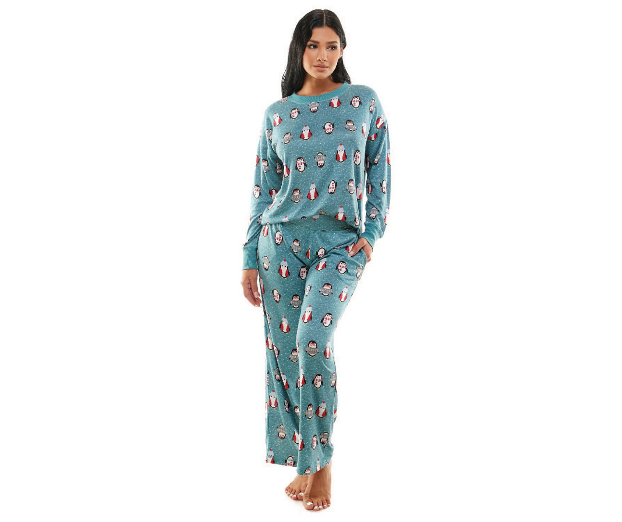 Jaclyn Jaclyn Women s Blue Holiday Penguins Hacci 2 Piece Pajama