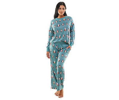 Jaclyn Women's Blue Holiday Penguins Hacci 2-Piece Pajama Set
