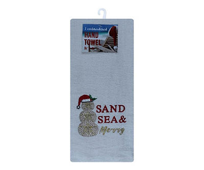 "Sand Sea & Merry" White Emboirdered Snowman Hand Towel