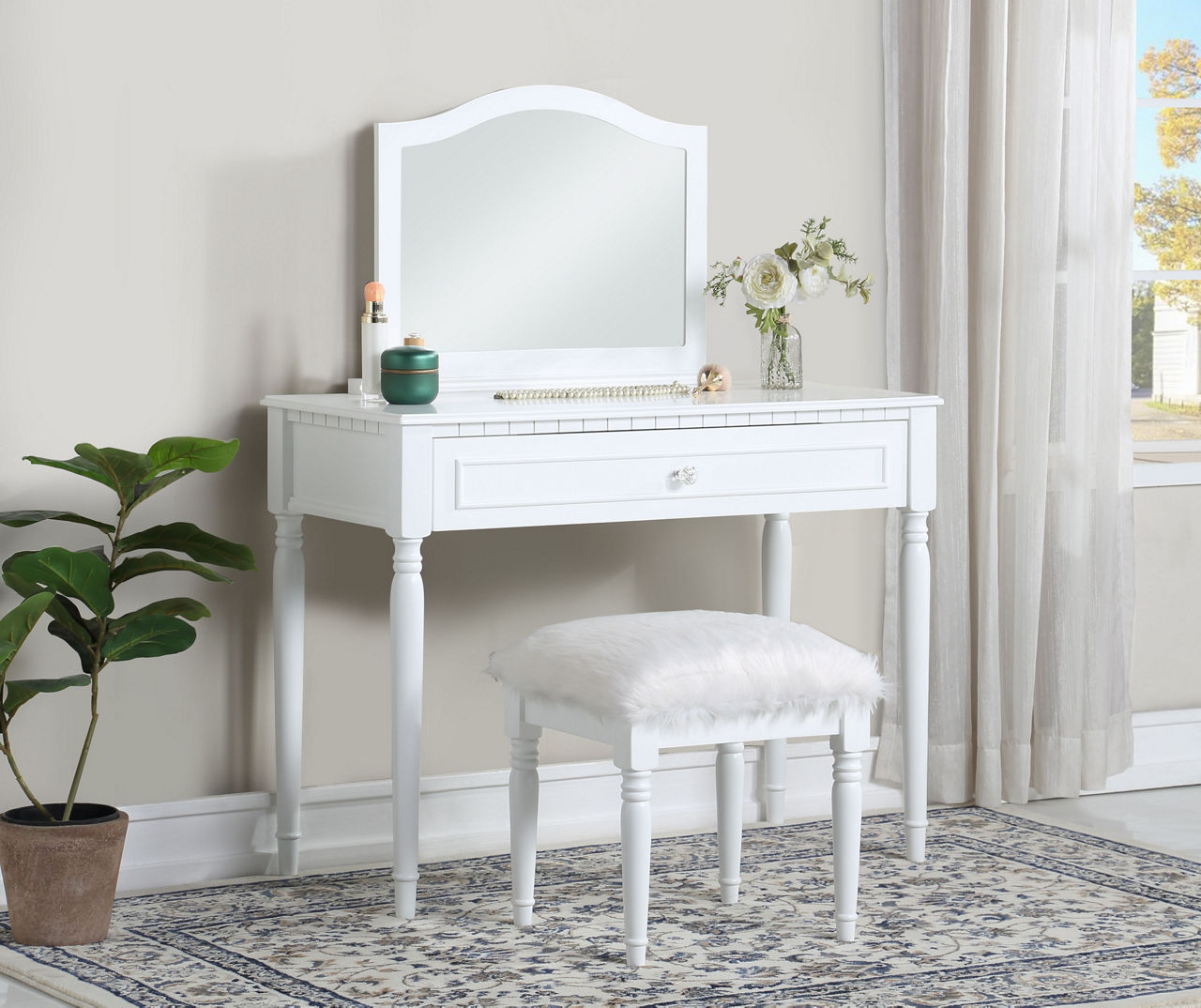 White Vanity Table Set with Mirror Faux Fur Stool