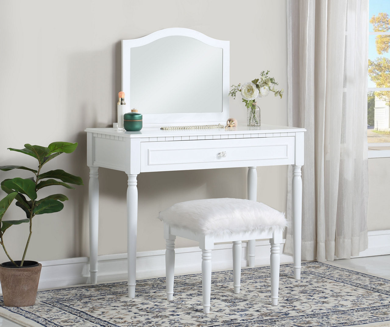 White Vanity Table Set with Mirror & Faux Fur Stool