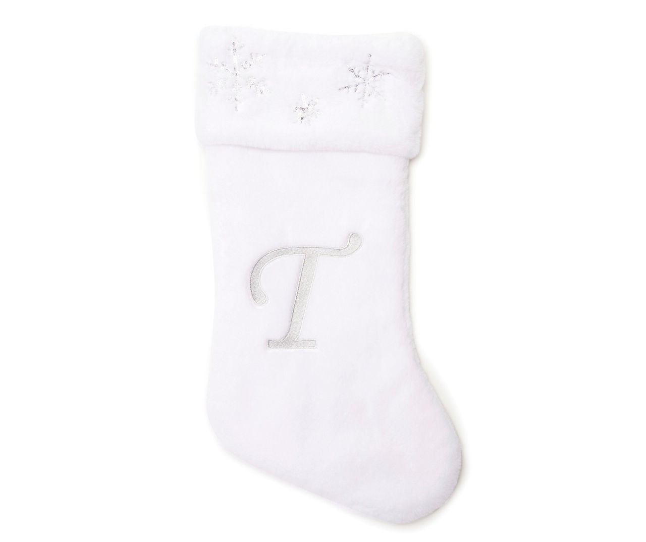 "T" Monogram White Faux Fur & Snowflake Stocking