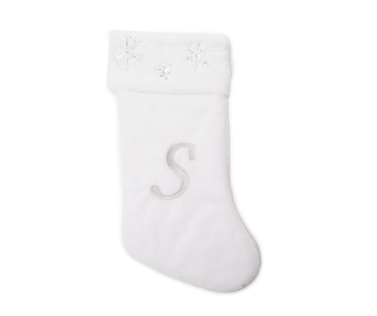 "S" Monogram White Faux Fur & Snowflake Stocking