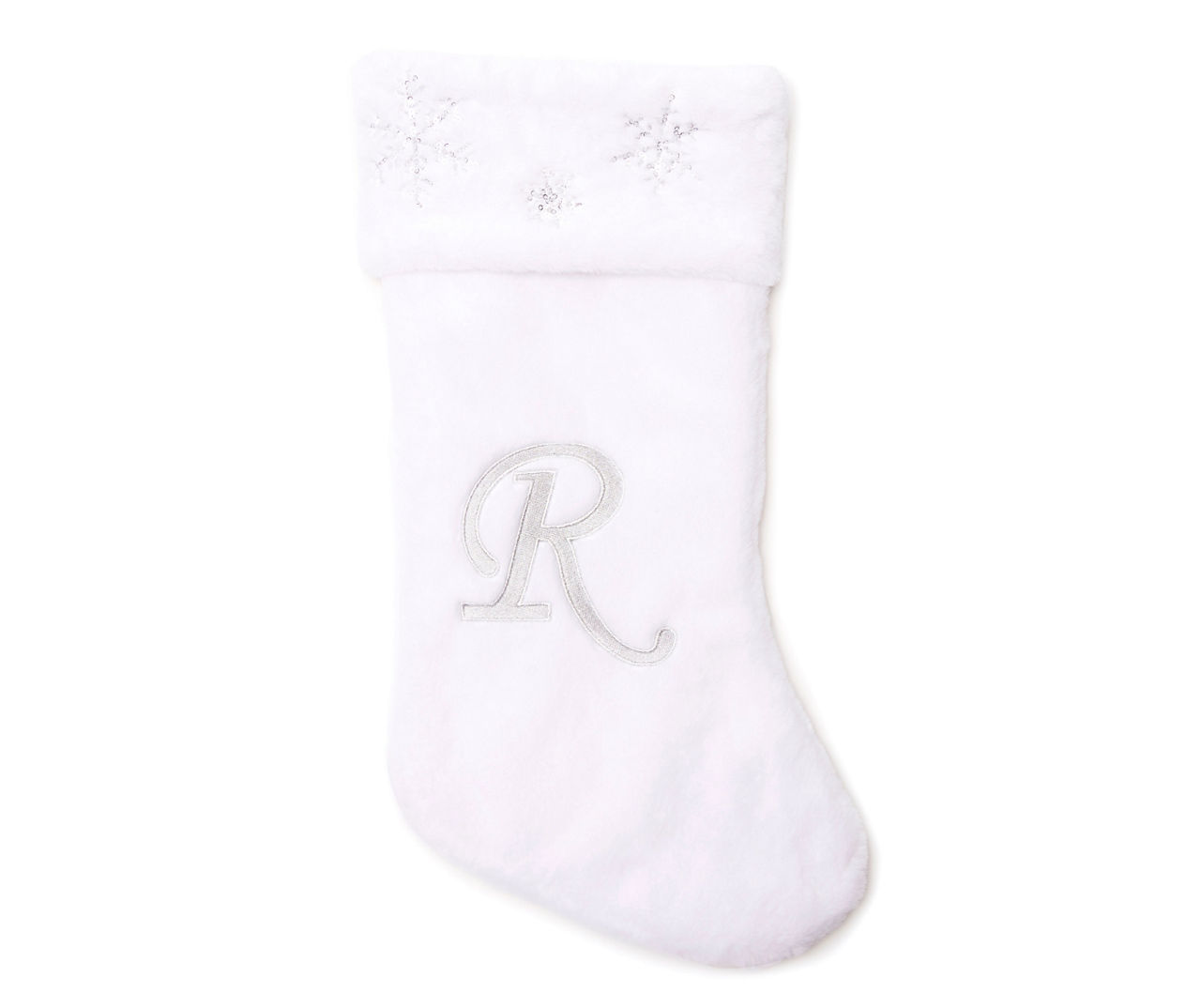 "R" Monogram White Faux Fur & Snowflake Stocking