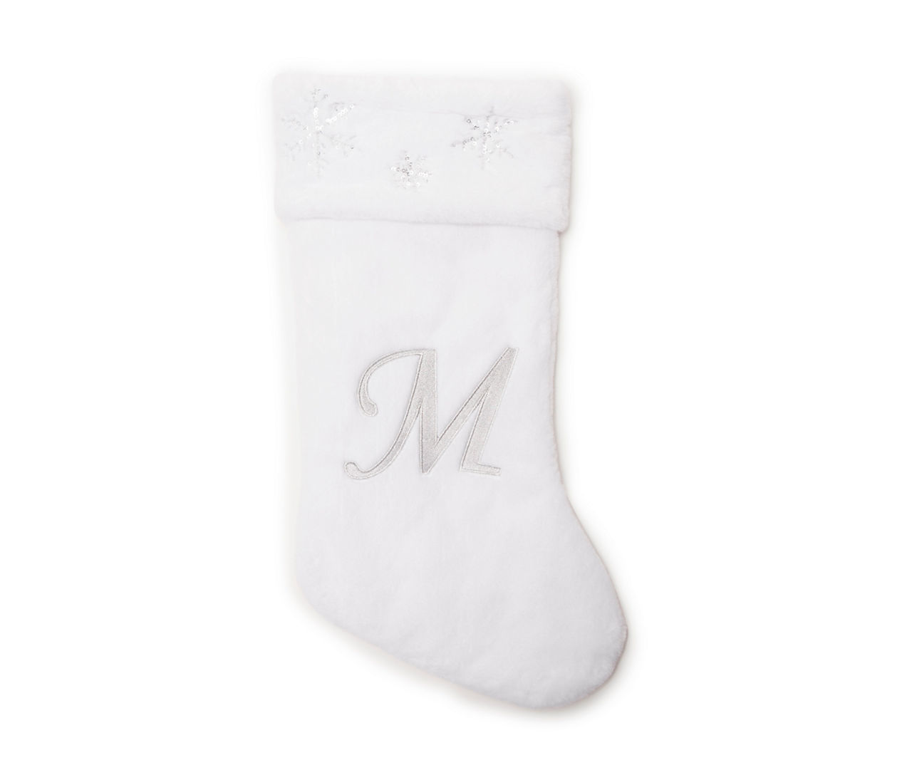 "M" Monogram White Faux Fur & Snowflake Stocking