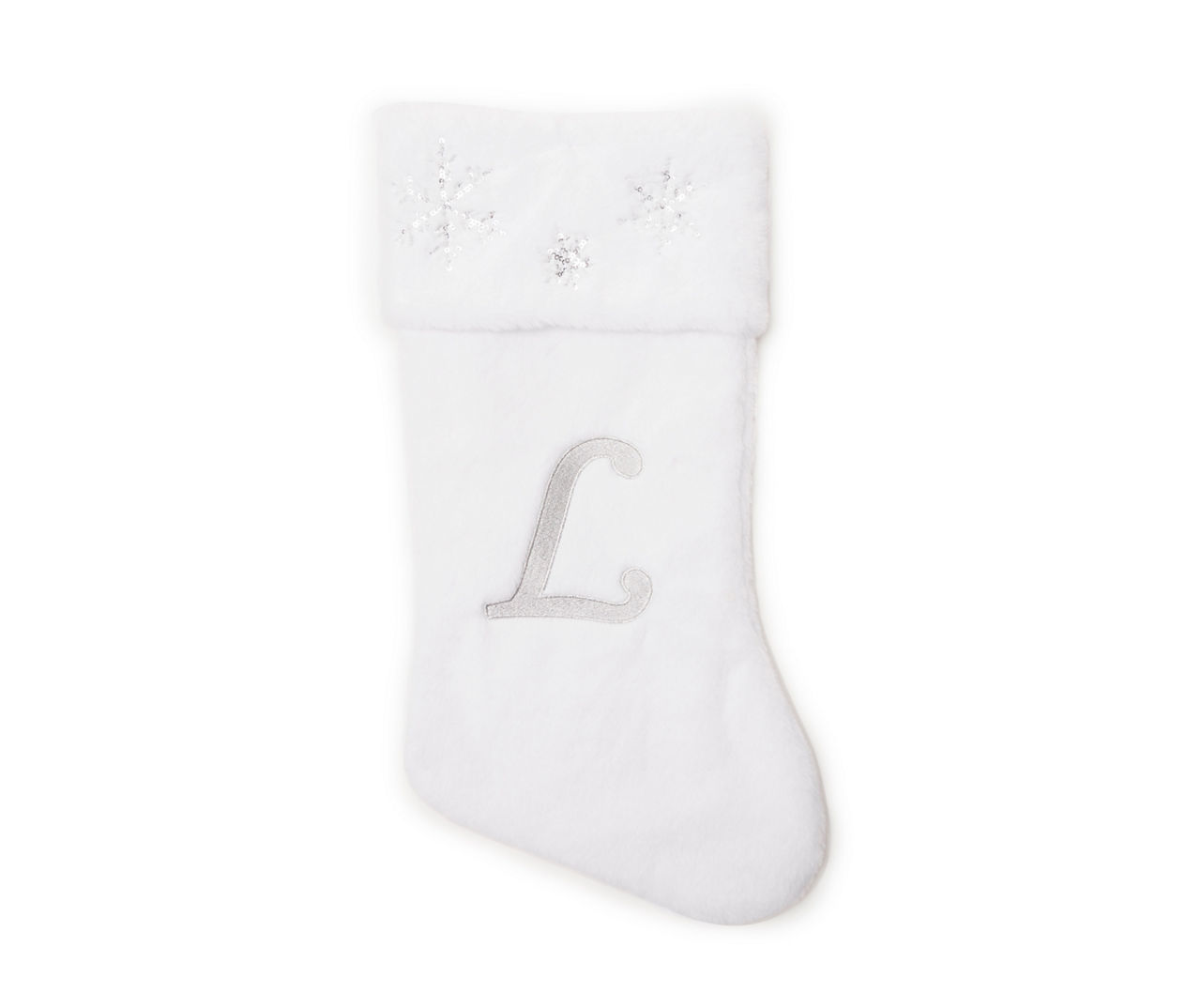 "L" Monogram White Faux Fur & Snowflake Stocking