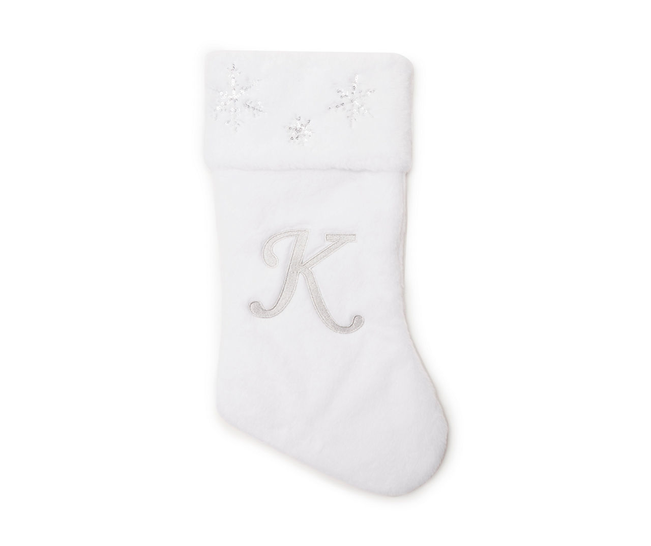 "K" Monogram White Faux Fur & Snowflake Stocking