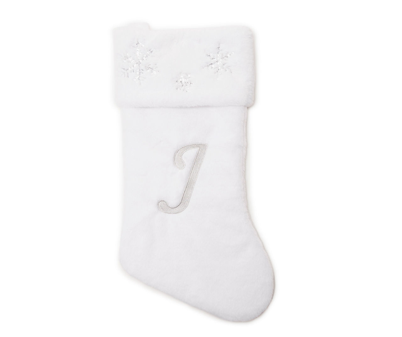 "J" Monogram White Faux Fur & Snowflake Stocking
