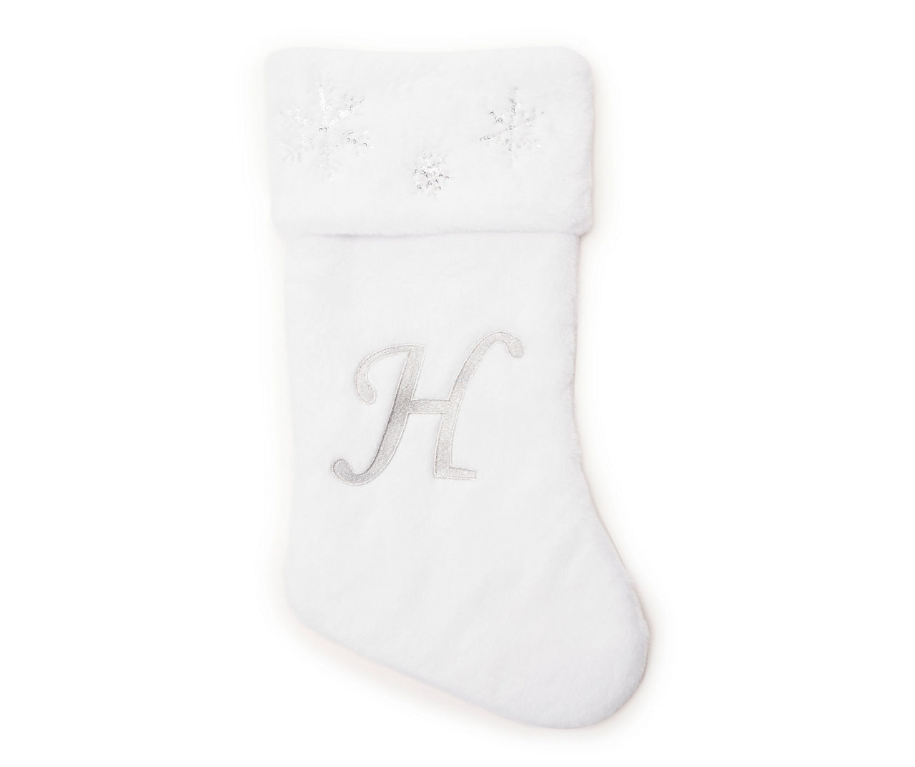 "H" Monogram White Faux Fur & Snowflake Stocking