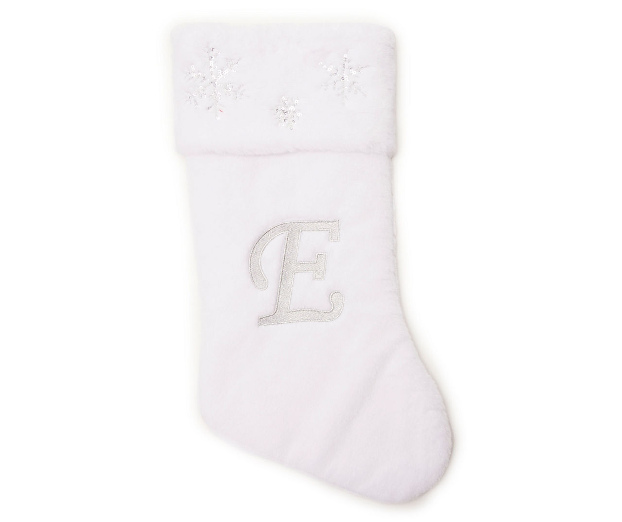 "E" Monogram White Faux Fur & Snowflake Stocking