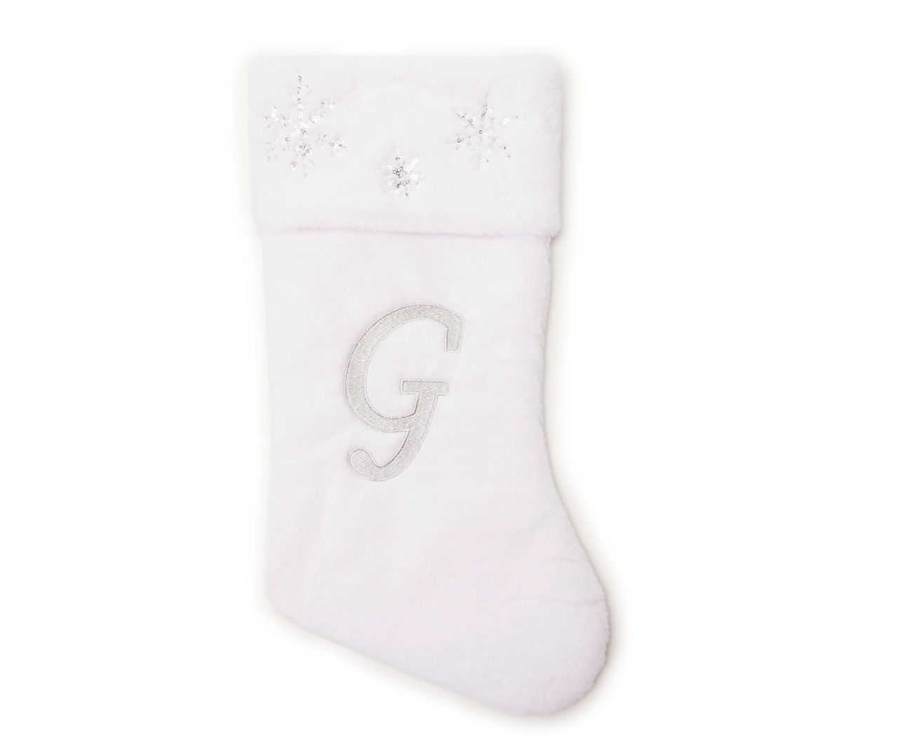 "G" Monogram White Faux Fur & Snowflake Stocking