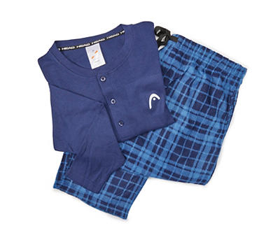 Men's Navy Plaid 2-Piece Thermal & Fleece Pajama Set