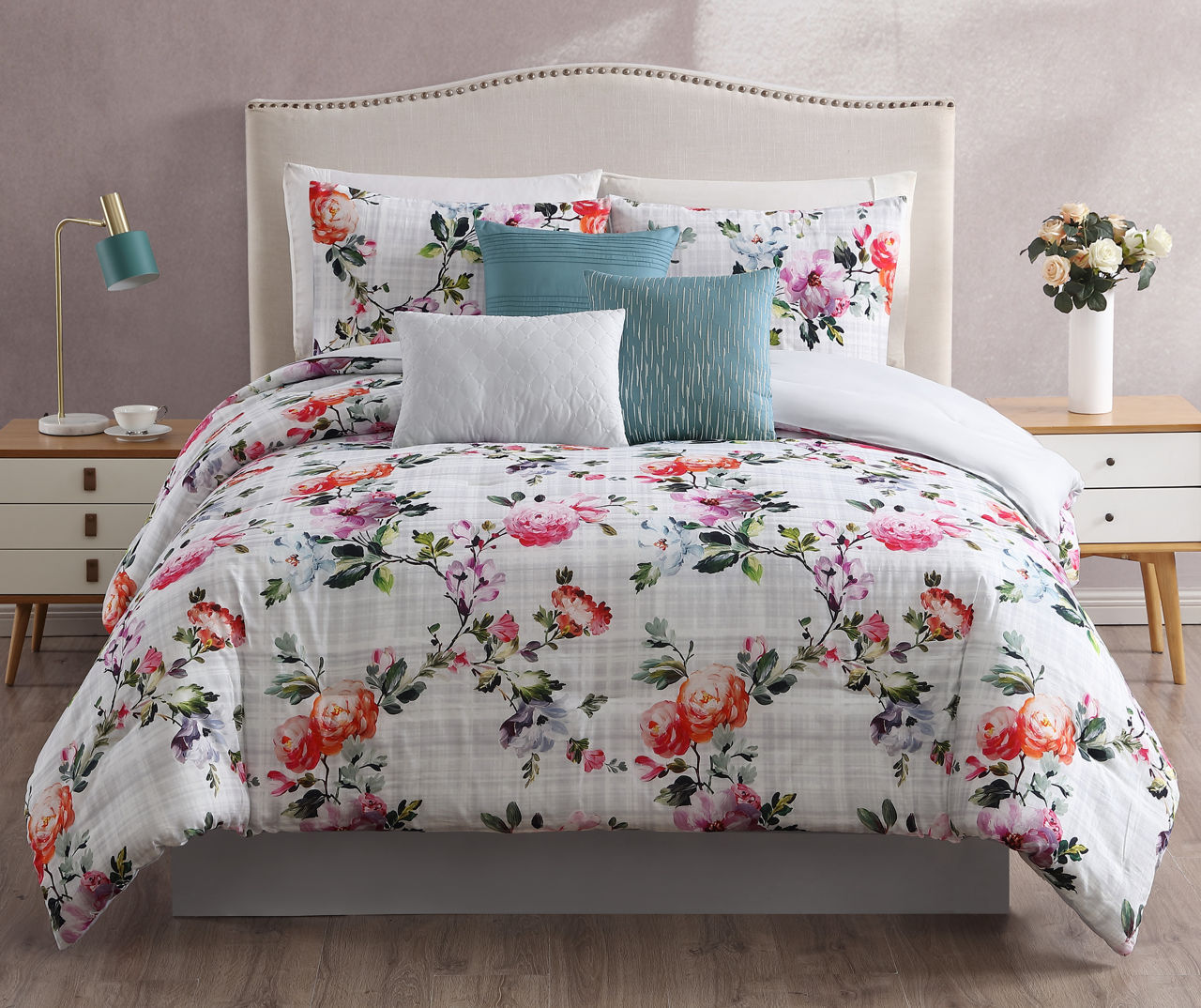 Riverbrook Home Katina Gray & Pink Floral Queen 7-Piece Comforter Set ...