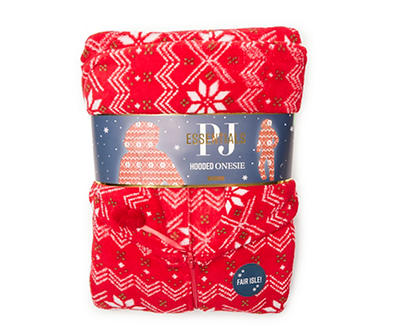 PJ Essentials Women's Red & White Fair Isle Hooded Onesie Pajama