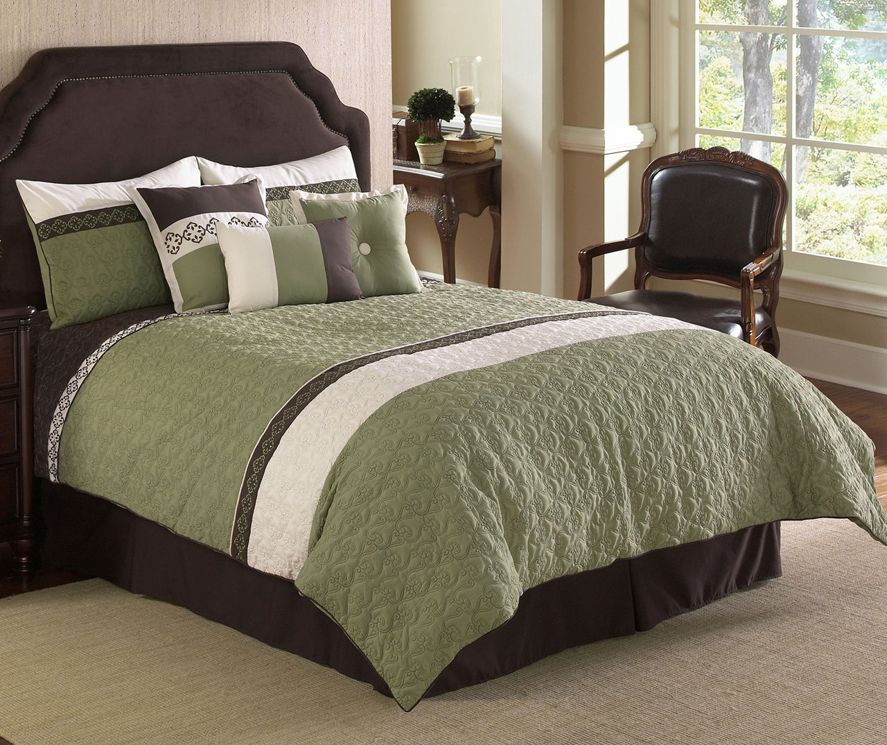 Riverbrook Home Fairmont Green & White Damask Quilted Queen 7Piece