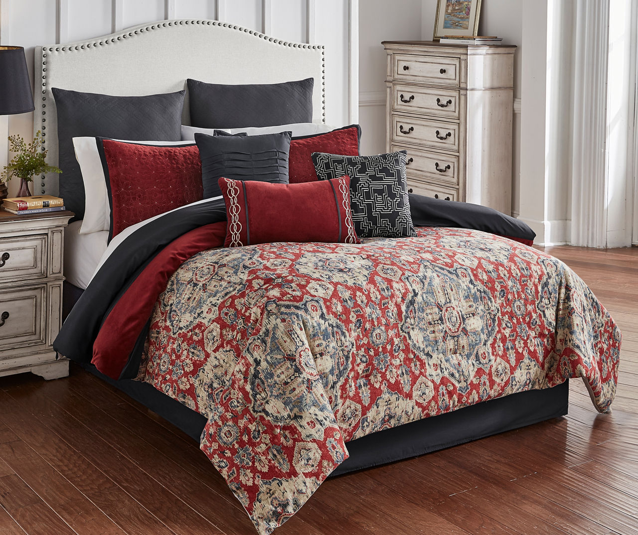 Red Gray Grey Embroidered Medallion 14 pc Comforter Set Full Queen King Bed  Bag