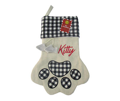 "Kitty" Beige & Black Plaid Dog Paw Print Stocking