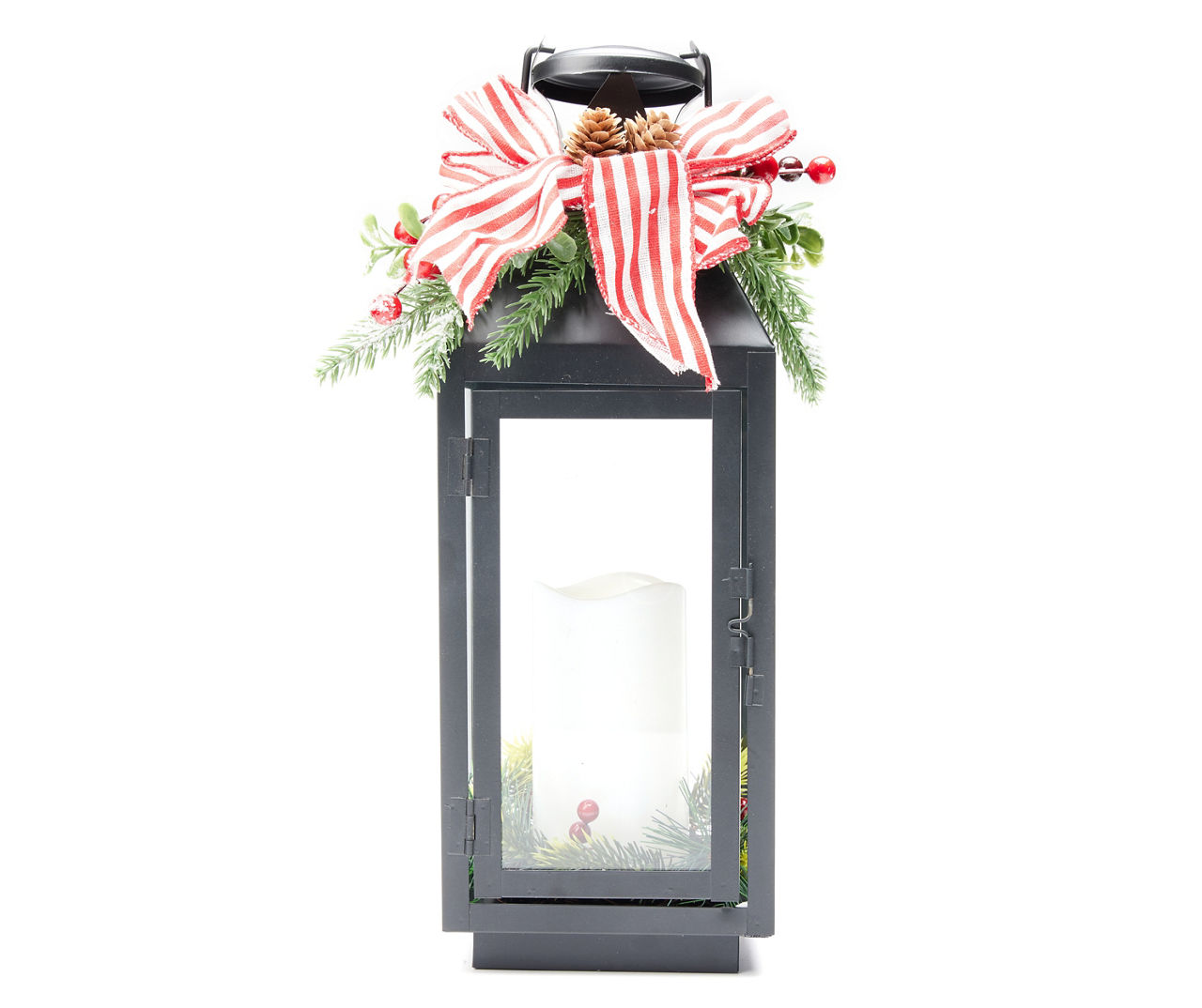 Black LED Candle Lantern with Red Stripe Bow