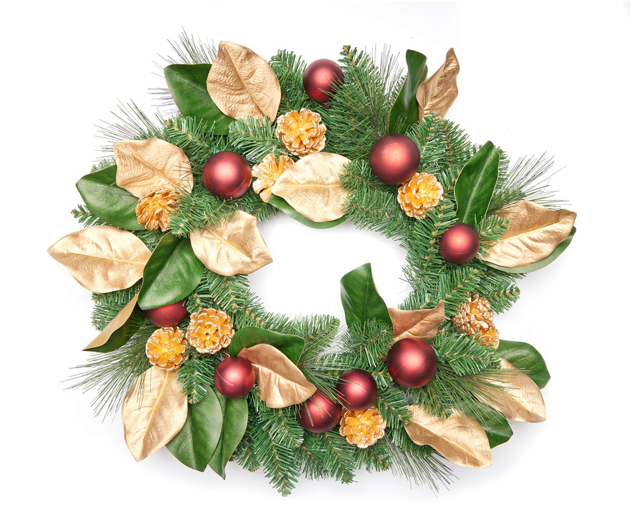 24" Magnolia Leaf, Pinecone & Ornament Wreath | Big Lots