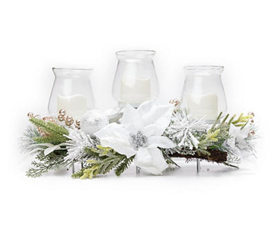 White Poinsettia & Floral LED Candle Centerpiece