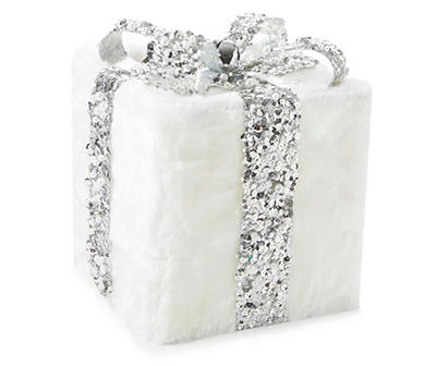 White Fur & Silver Sequin Gift Box Decor
