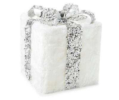 10" White Fur & Silver Sequin Gift Box Decor
