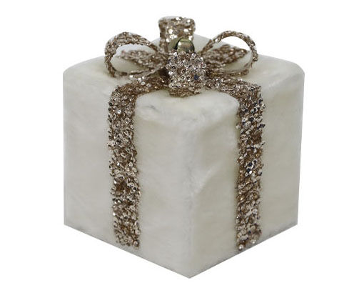 8" Gold Sequin & Faux Fur Gift Box Decor