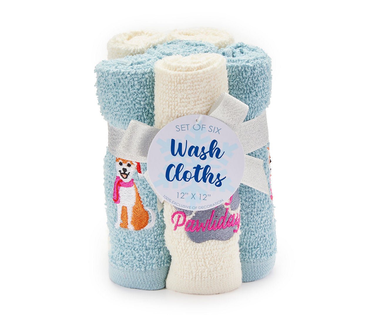 Light Blue & White Embroidered Dogs 6-Piece Washcloth Set