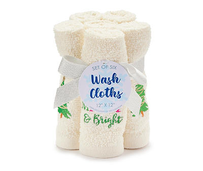 "Merry & Bright" Off-White Embroidered 6-Piece Washcloth Set