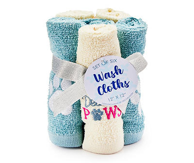 "Deck the Paws" Light Blue & White Embroidered Paw Print 6-Piece Washcloth Set