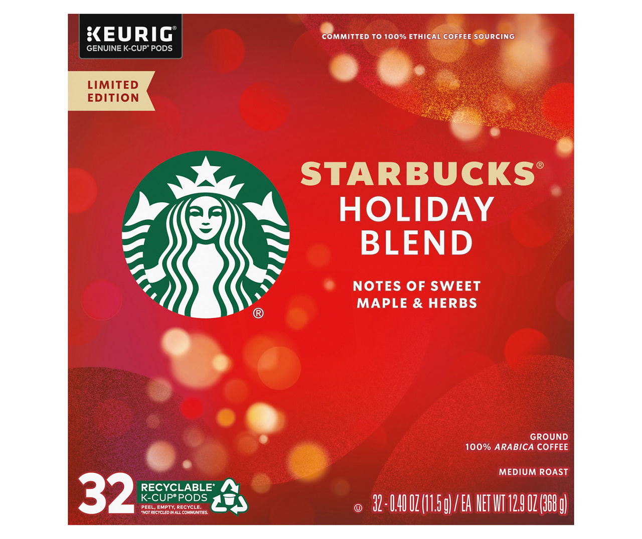 Starbucks Holiday Blend Medium Roast Ground Coffee KCup Pods, 32Pack