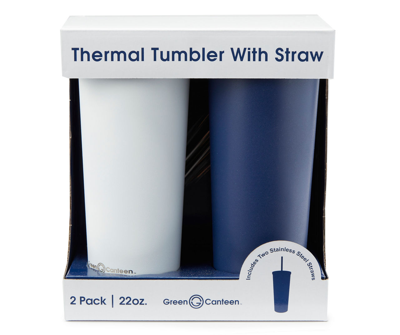 Green Canteen - White & Navy Double Wall Stainless Steel Straw Tumbler, 2-Pack