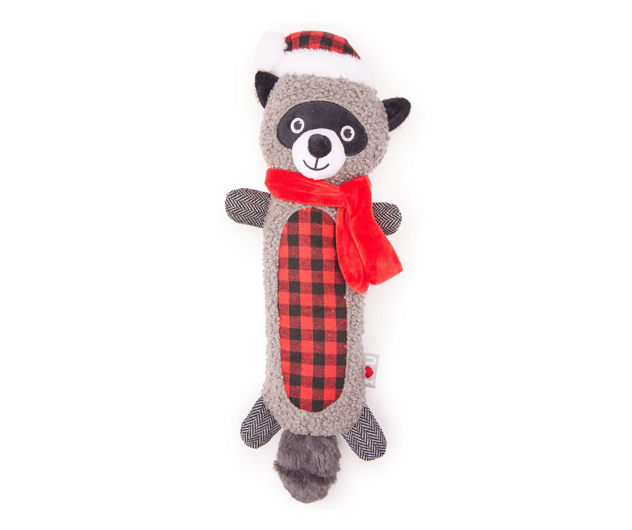 Long Body Holiday Plaid Raccoon Plush Dog Toy, (18