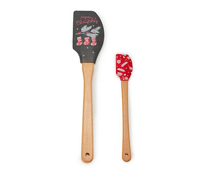 "Merry Christmas" Gray & Red Stockings 2-Piece Silicone Spatula Set